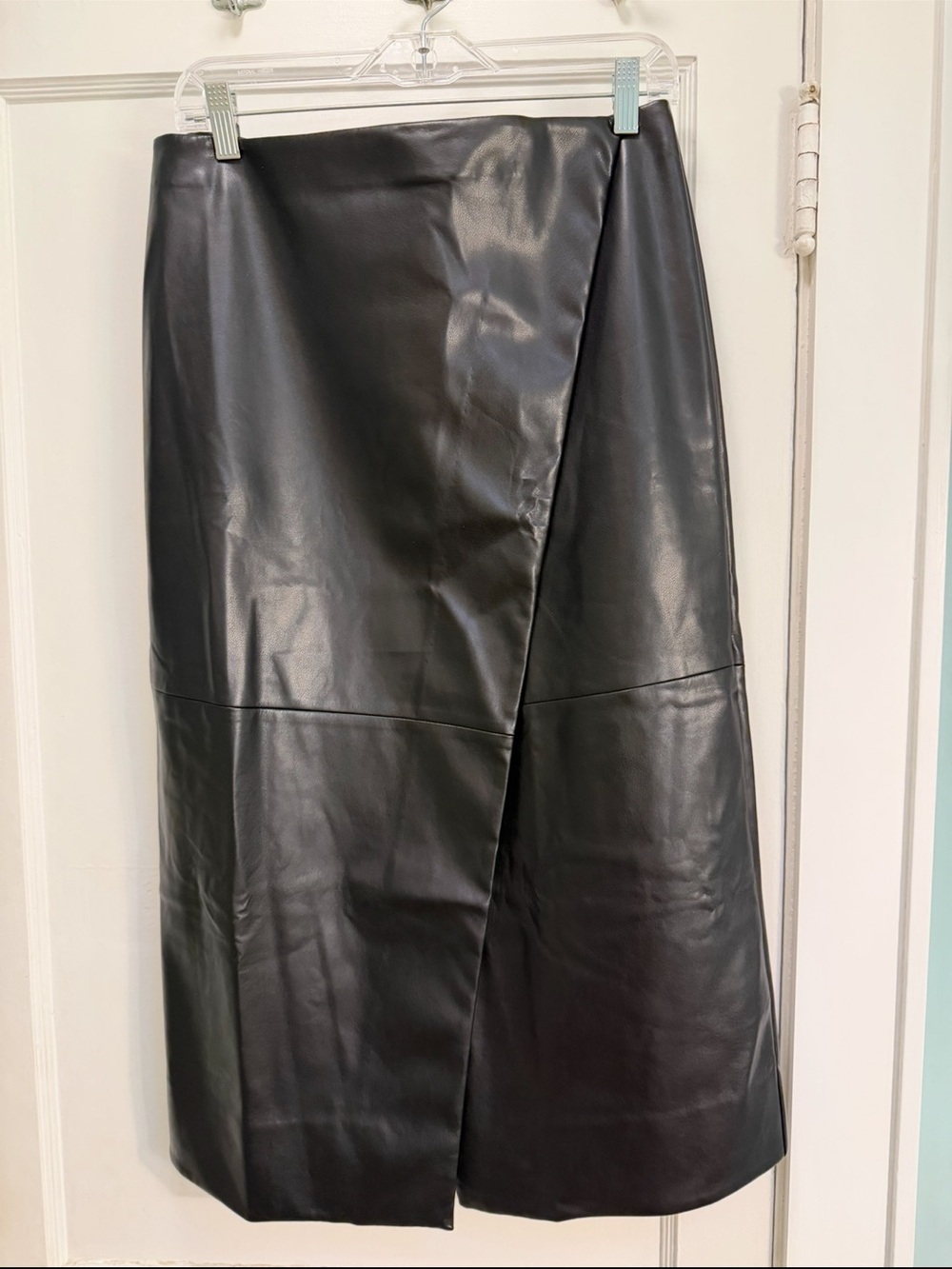 NWT - GAP Black Faux Leather Midi Skirt with Front Wrap Detail